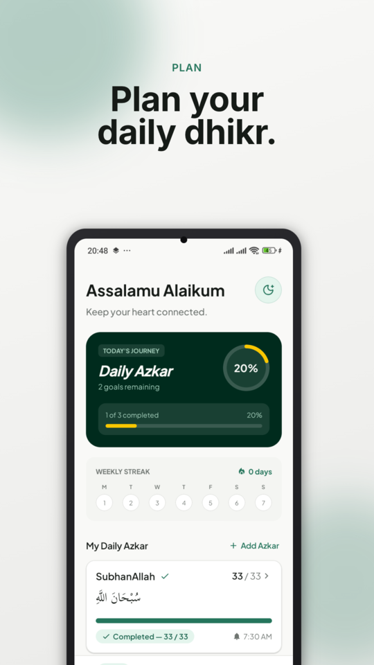 Home screen showing today's dhikr progress ring and daily azkar list
